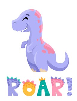 Dinossauro fofo com letras de rugido para cartões de aniversário convite de chá de bebê cartazes de berçário