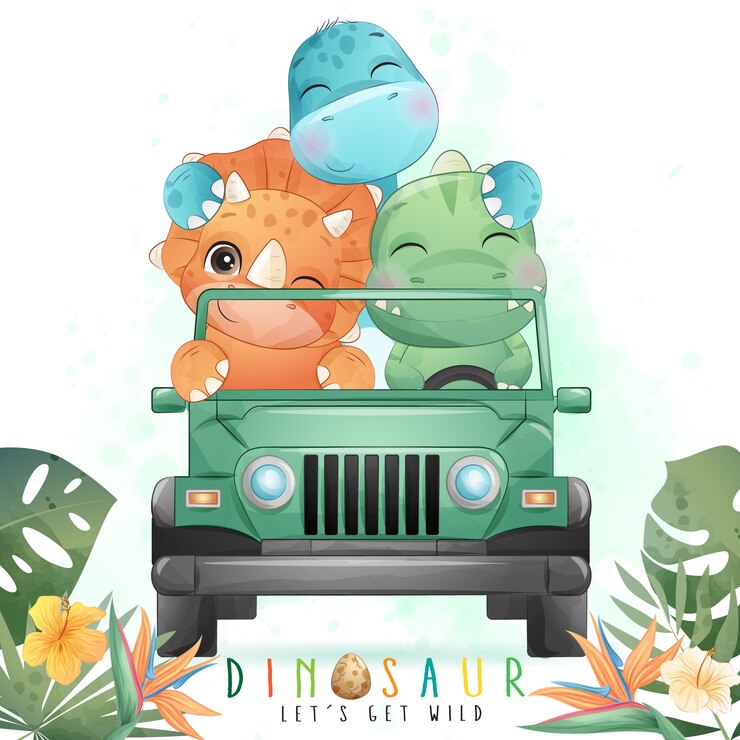 Vetor dinossauro fofo dirigindo um carro com ilustração em aquarela