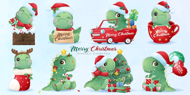 Dinossauro fofo para feliz natal com conjunto de ilustração em aquarela