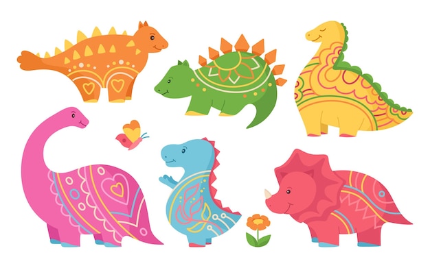 Dinossauro infantil conjunto fofo coleção de desenhos animados de répteis vetor engraçado de personagem dino