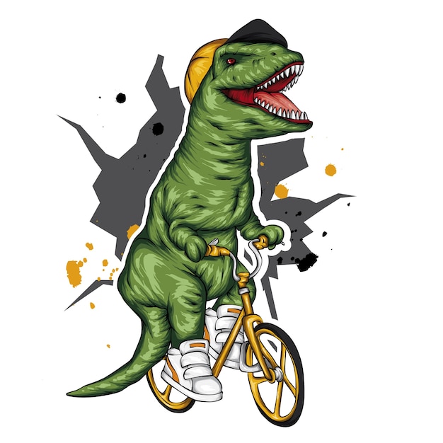 Dinossauro Rosa andando de Bicicleta em Desenho Animado Vetor EPS