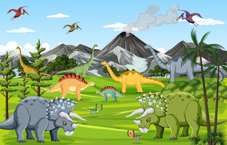 Vetor dinossauro na cena da floresta pré-histórica