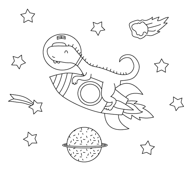 Dinossauro no espaço na ilustração vetorial de foguete