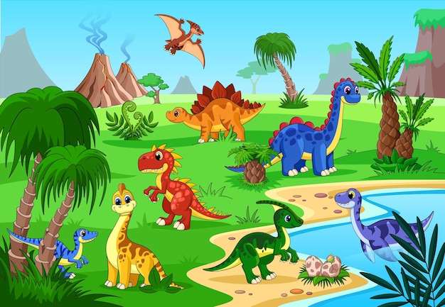 Vetor dinossauro paisagem pré-histórica cartaz de bebê dos desenhos animados animais felizes e vulcão dino na palmeira da selva do lago terra jurássica engraçada berrante fundo vetorial