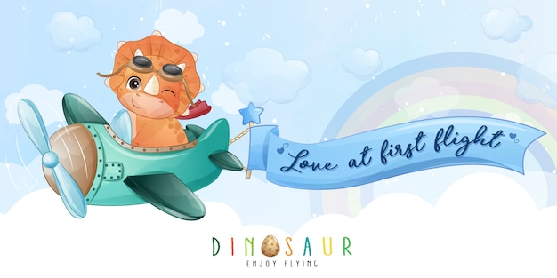 Dinossauro pequeno bonito voando com ilustração de avião