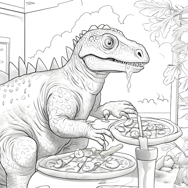 Dinossauro preto e branco comendo pizza isolada em fundo branco