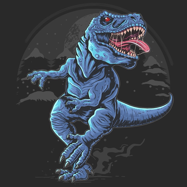 Vetor dinossauro t-rex funciona e monstro selvagem de animal na noite escura