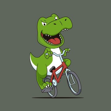 Dinossauro Rosa andando de Bicicleta em Desenho Animado Vetor EPS