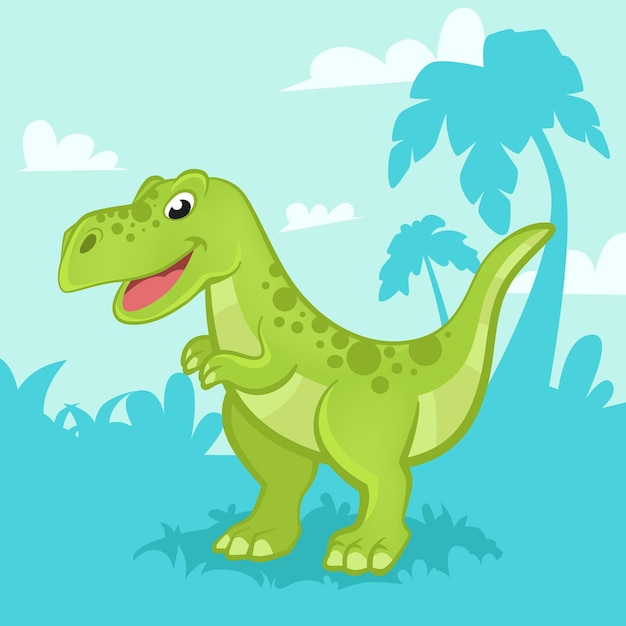 Dinossauro verde dos desenhos animados sobre um fundo azul. Tempo pré-histórico