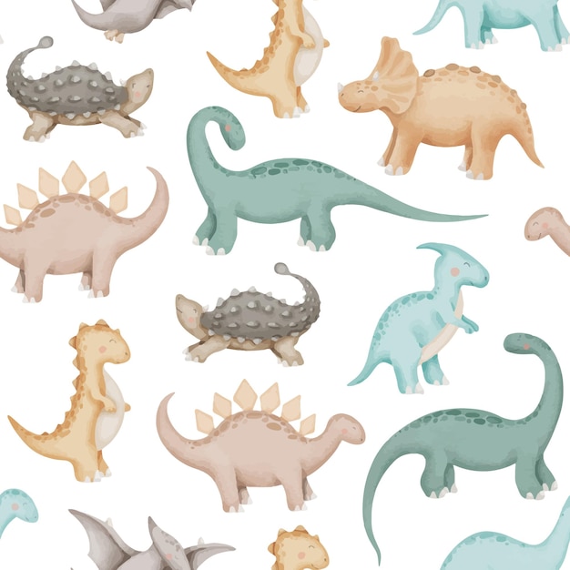 Dinossauros aquarela sem costura vector pattern cute dino baby print desenhado à mão em fundo branco isolado desenho de personagens de animais de desenho animado ilustração engraçada para tecidos e roupas de cama para crianças