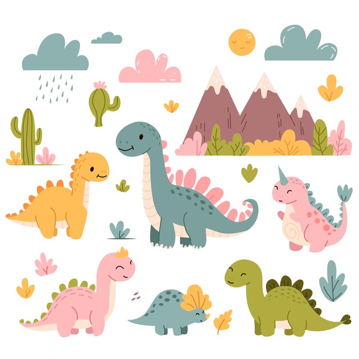 Vetor dinossauros bonitos, conjunto de vetores de dinossauros, dinossauros na floresta.