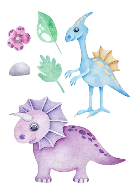 Dinossauros de desenho em aquarela isolados no branco