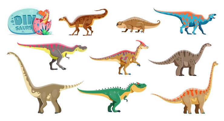 Vetor dinossauros de desenhos animados isolados personagens engraçados plateosaurus hyperodapedon tarbosaurus e parasaurolophus vulcanodon omeisaurus allosaurus e brachiosaurus iguanodon personagens vetoriais de dinossauros