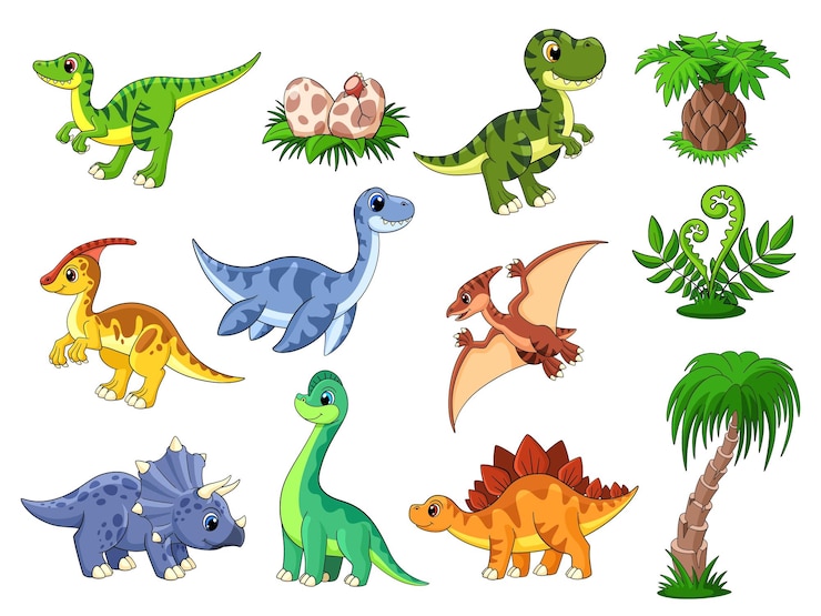 Vetor dinossauros dos desenhos animados dino dinossauro fofo e palmeira personagens da vida selvagem de cor predador pré-histórico animais bebês engraçados coleção de vetores berrante