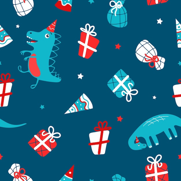 Dinossauros engraçados presentes de chapéu de festa para aniversário de Natal ano novo Ilustração em vetor dos desenhos animados