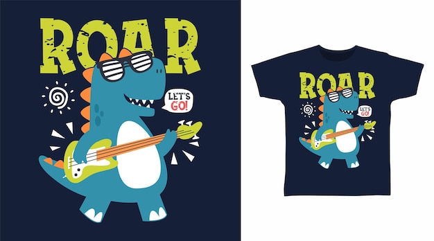 Dinossauros fofos com design de arte de camiseta de desenho de guitarra