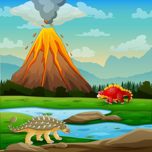 Dinossauros fofos com ilustração de fundo em erupção do vulcão