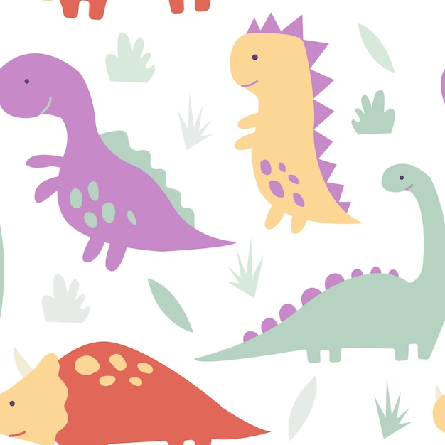 Dinossauros fofos plantas tropicaisfunny cartoon dinosaurs seamless pattern