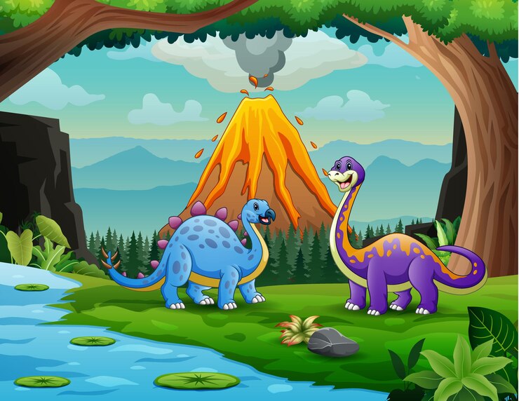Vetor dinossauros na selva com fundo de erupção vulcânica