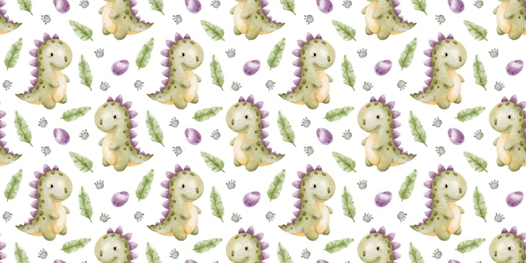Vetor dinossauros verdes pegadas ovos e folhas de palmeira fundo infantil de tiranossauro rex imprimir com dino aquarela padrão sem costura para design produtos infantis tecido scrapbook suprimentos de escritório