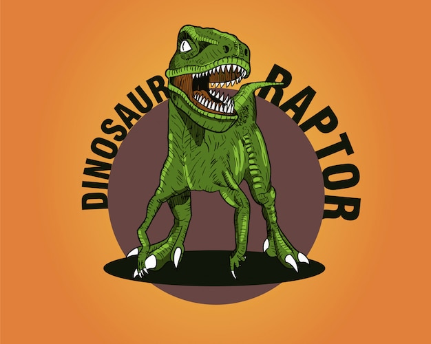 Vetor dinossauros verdes raptor em fundo laranja