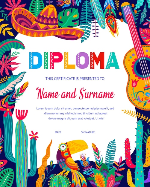 Diploma com guitarra e cacto mexicanos do sombrero