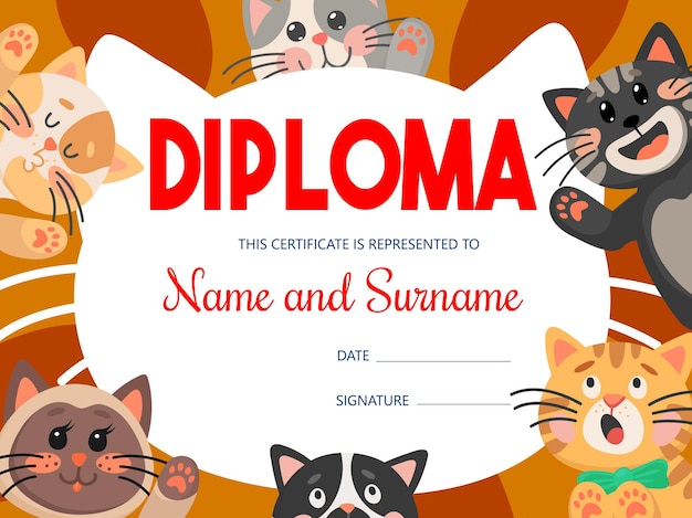 Diploma de crianças com gatos engraçados ou gatinhos, certificado