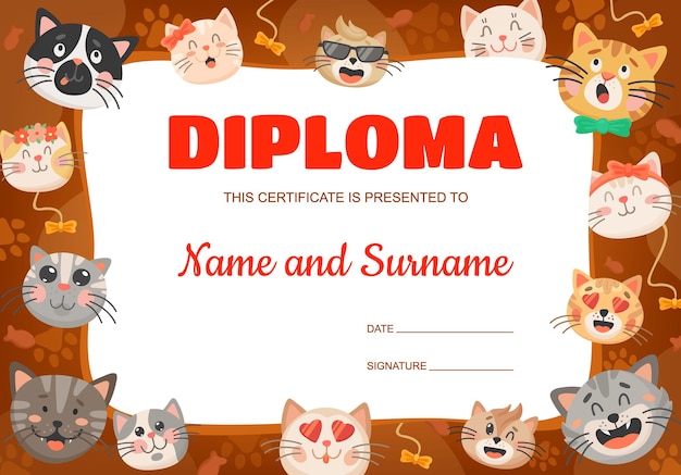 Diploma de crianças de gatos ou gatinhos de desenho animado. modelo de certificado de vetor com bichinhos fofos. quadro de prêmios de educação para formatura de escola ou jardim de infância ou conquistas com animais felinos que expressam emoções