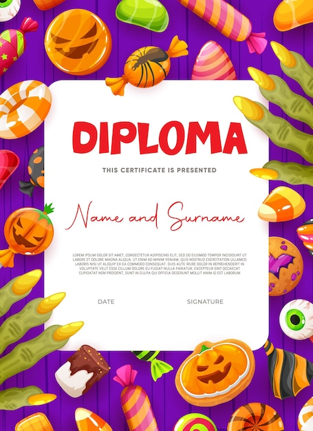 Diploma de crianças de halloween com doces de desenhos animados