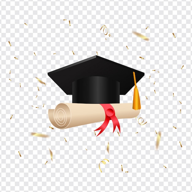 diploma e boné de formatura rolar em fundo transparente.