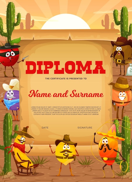 Diploma infantil. certificado de vetor de personagens de cowboy, ranger, xerife e ladrão de desenhos animados do oeste selvagem. diploma de graduação com personagens de manga e kiwi, maçã, limão, ameixa e banana no deserto do texas