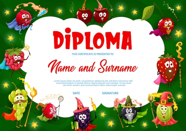 Diploma infantil com personagens de desenho animado berry wizard