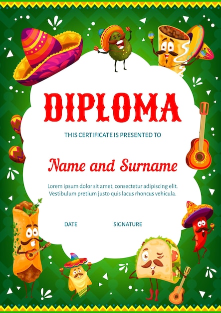 Diploma vertical infantil com comida mexicana de desenho animado