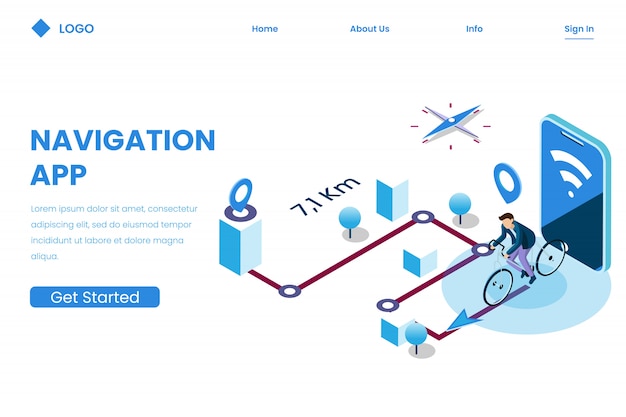 Direção de aplicativo móvel para rastreamento no estilo de ilustração isométrica, navegação