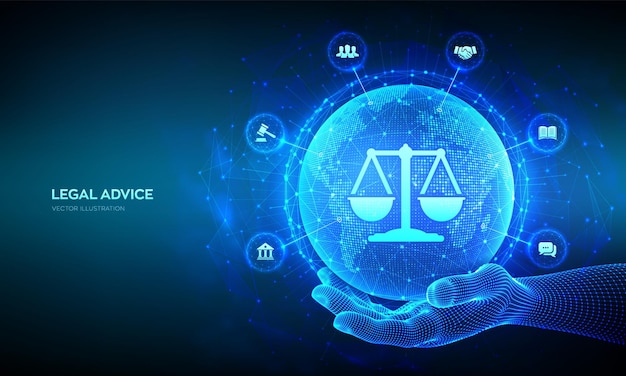 Direito do trabalho Advogado Advogado Conceito de aconselhamento jurídico Direito da Internet como serviços jurídicos on-line digitais Mapa do mundo composição de ponto e linha Globo do planeta Terra na mão de wireframe Vetor EPS10