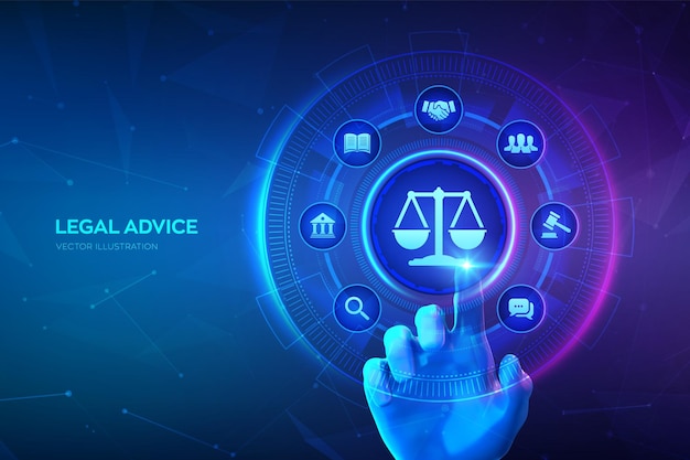 Direito do trabalho Advogado Advogado Conceito de aconselhamento jurídico na tela virtual Direito da Internet e direito cibernético como serviços jurídicos digitais ou aconselhamento jurídico online Mão tocando a interface digital Vetor EPS10