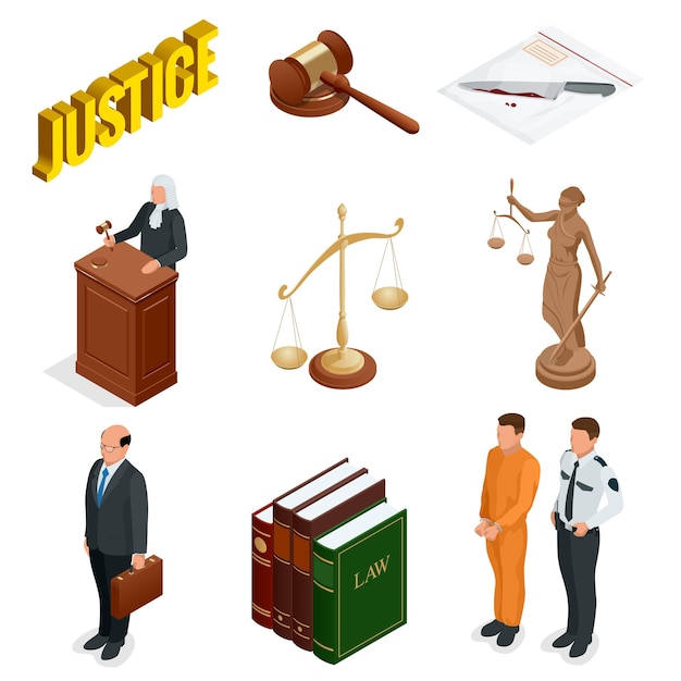Direito isométrico e justiça. símbolos de regulamentos legais. conjunto de ícones jurídicos. jurídico jurídico, tribunal e julgamento, lei e martelo, ilustração vetorial.
