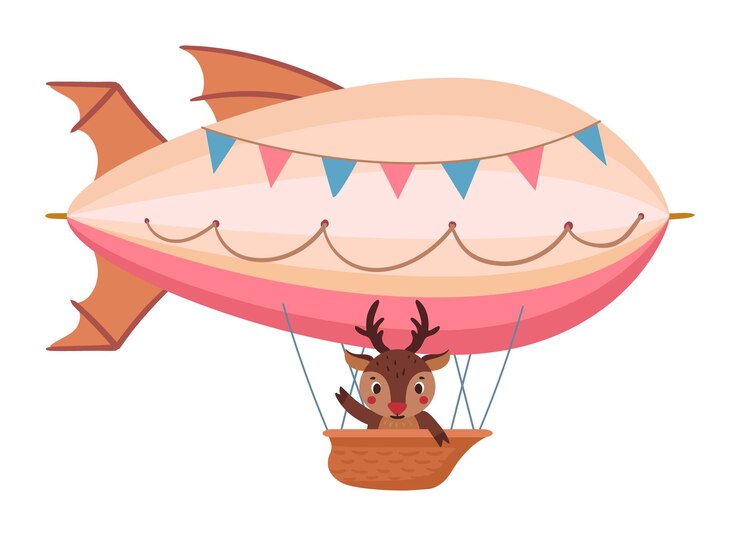 Vetor dirigível voador com veado animal de floresta de desenho animado voando em balão de ar quente transporte aéreo retro com veado a bordo ilustração vetorial plana animal bonito voando em dirigível