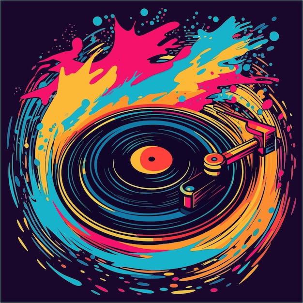 Disco de vinil girando com respingos de tinta colorida em uma plataforma giratória Arte vetorial abstrata para camisetas