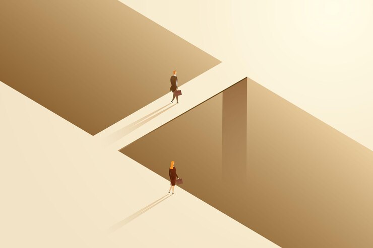 Vetor discriminação empresarial desigual entre empresário e mulher de negócios em diferentes caminhos e obstáculos de carreira. ilustração vetorial isométrica.