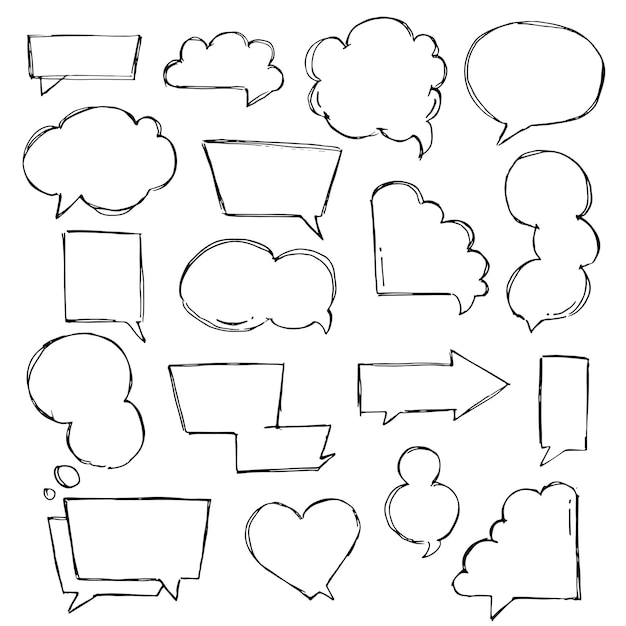 Discurso, pensamento, falando conjunto de bolhas desenhadas à mão. Esboço de nuvens de conversa. Forma de balão. Desenhado com um pincel no estilo de desenho.