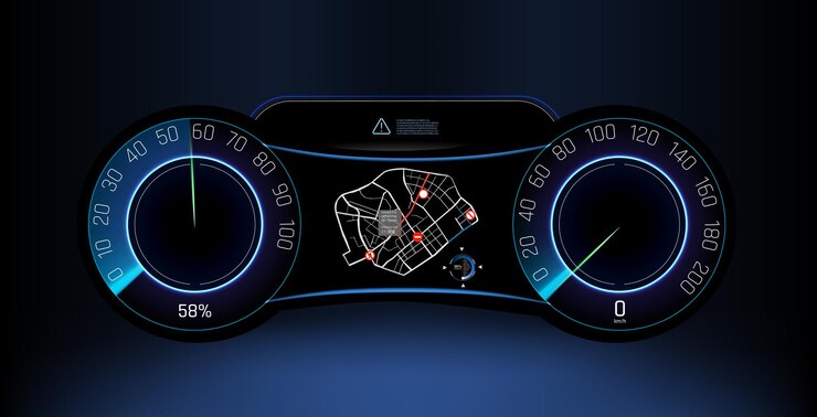 Vetor display de painel digital com medidor de combustível de velocímetro e mapa de navegação em um veículo moderno à noite