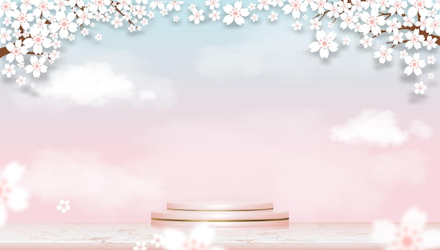 Display pódio com flor de macieira primavera no céu azul e rosa pastel. 3D realista da plataforma de suporte de cilindro de ouro rosa em ouro rosa com ramos em flor rosa sakura