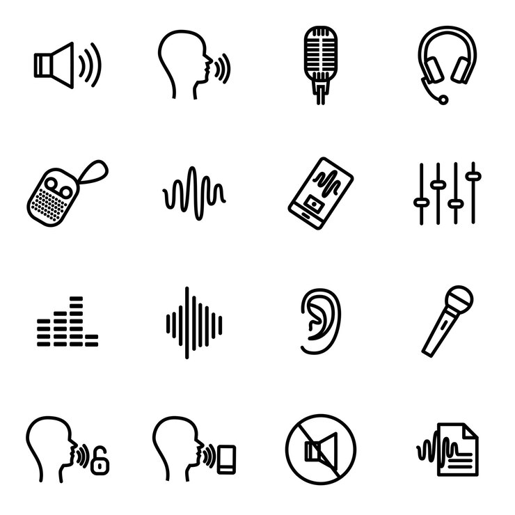 Vetor dispositivo de reconhecimento de fala sinais set de ícones de linha fina preta inclui fones de ouvido microfone som e alto-falante ilustração vetorial de ícones