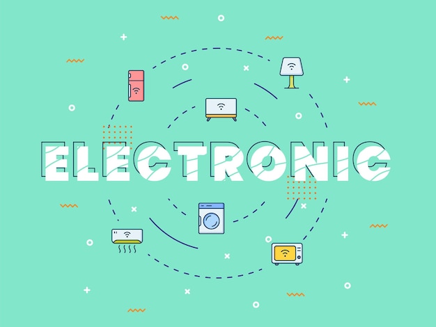 Dispositivo eletrônico no conceito de internet das coisas com um grande texto no centro e o ícone espalhado em um estilo moderno simples