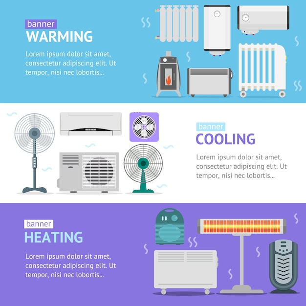 Vetor dispositivos de aquecimento, resfriamento e aquecimento conjunto horizontal de cartão de banner para casa e escritório