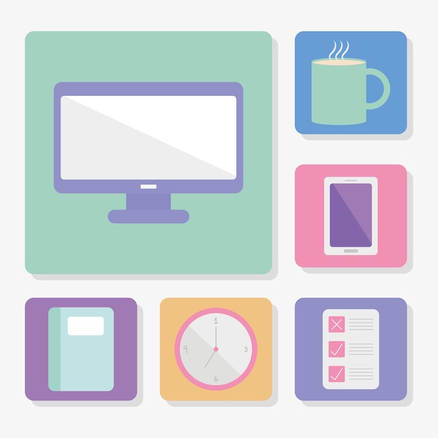 Dispositivos de tecnologia e ícones de escritório