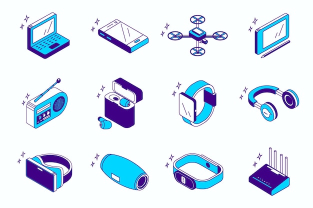 Dispositivos e gadgets conceito ícones isométricos 3D definido para design de isometria web Colecção de elementos de laptop smartphone drone tablet e stylus smart watch vr fone de ouvido mais ilustração vetorial