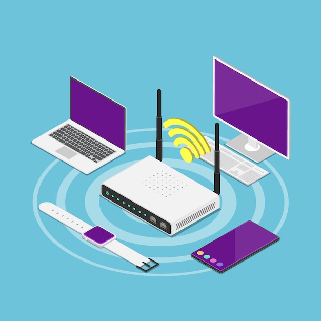 Vetor dispositivos eletrônicos isométricos 3d planos conectados a um roteador wi-fi. conexão wi-fi e conceito de tecnologia sem fio.