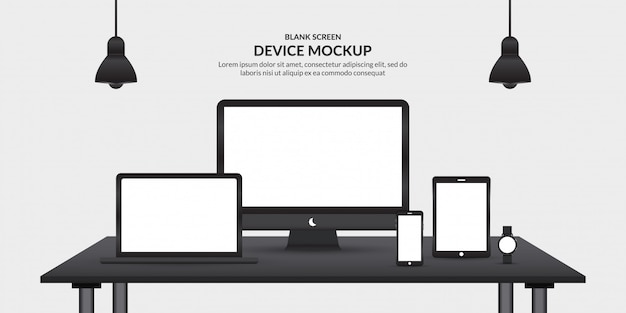 Vetor dispositivos realistas com tela em branco em cima da mesa, modelo para desenvolvimento de aplicativos e ux / ui